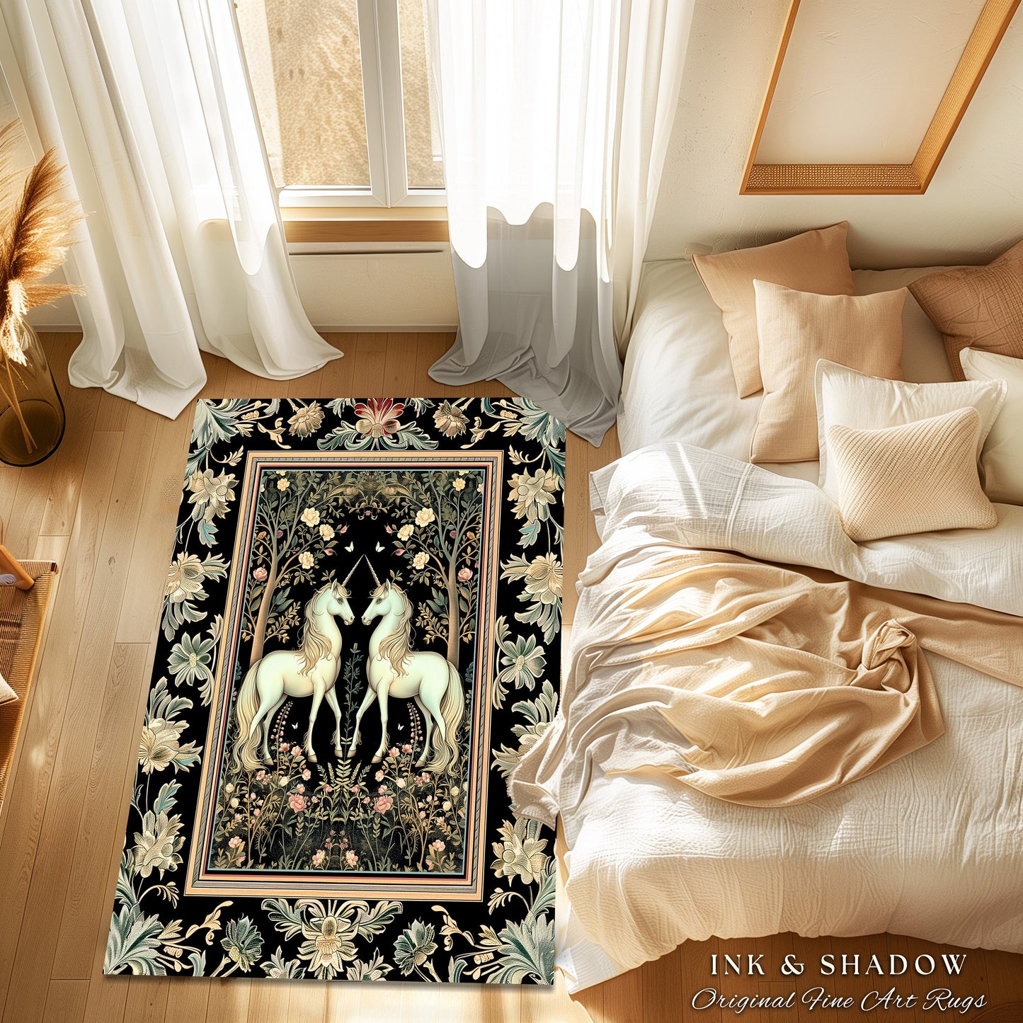 Magic Garden Ethereal Unicorn Rug | Folklore Aesthetic Storybook Woodland Whimsy Floral Fairytale Home Accent Rug Fairycore Bedroom Gothic |
