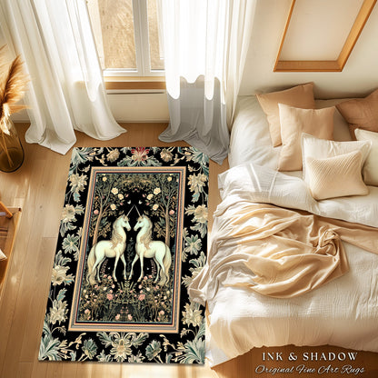 Magic Garden Ethereal Unicorn Rug | Folklore Aesthetic Storybook Woodland Whimsy Floral Fairytale Home Accent Rug Fairycore Bedroom Gothic |