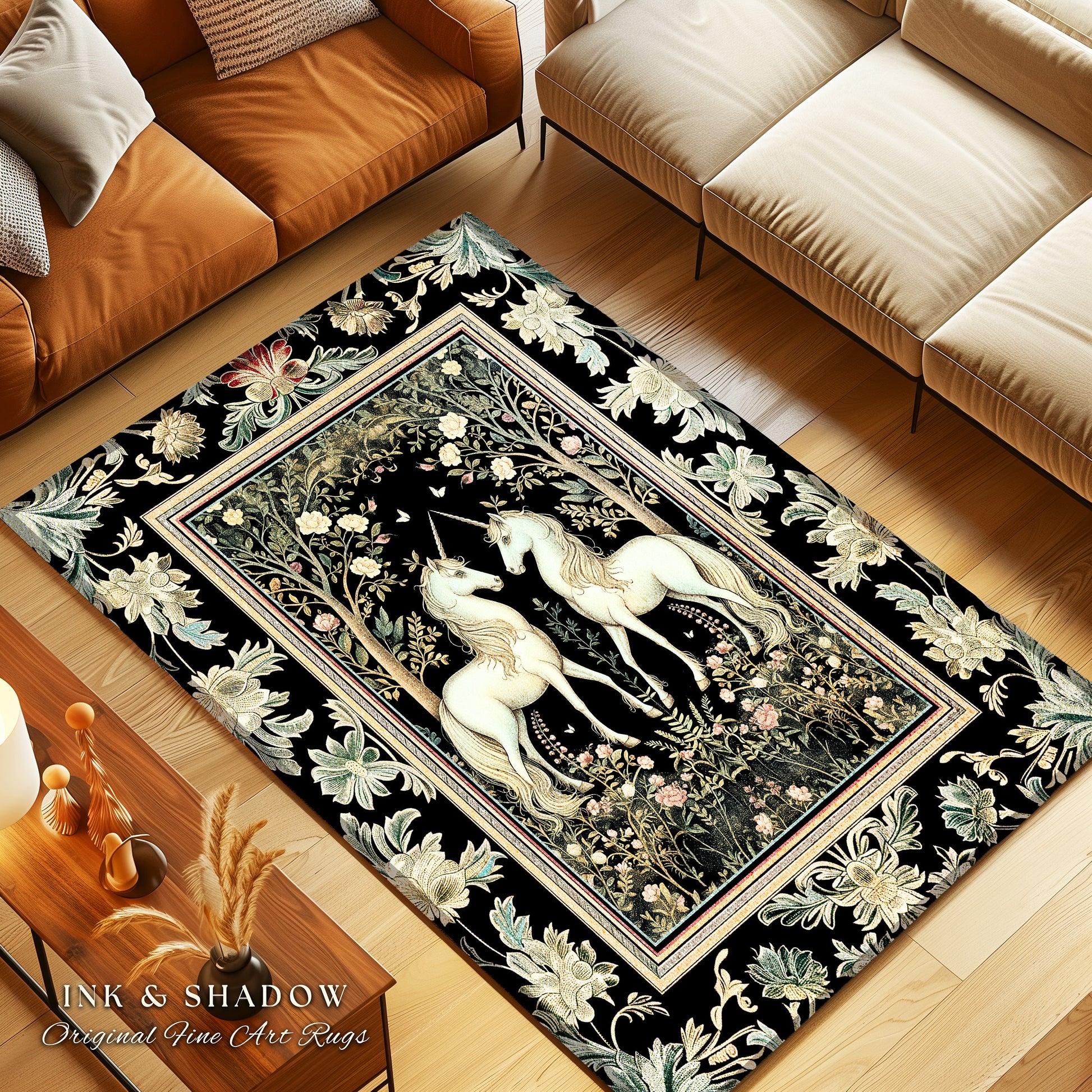 Magic Garden Ethereal Unicorn Rug | Folklore Aesthetic Storybook Woodland Whimsy Floral Fairytale Home Accent Rug Fairycore Bedroom Gothic |