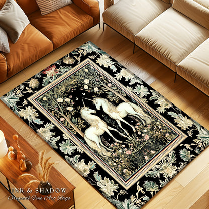 Magic Garden Ethereal Unicorn Rug | Folklore Aesthetic Storybook Woodland Whimsy Floral Fairytale Home Accent Rug Fairycore Bedroom Gothic |