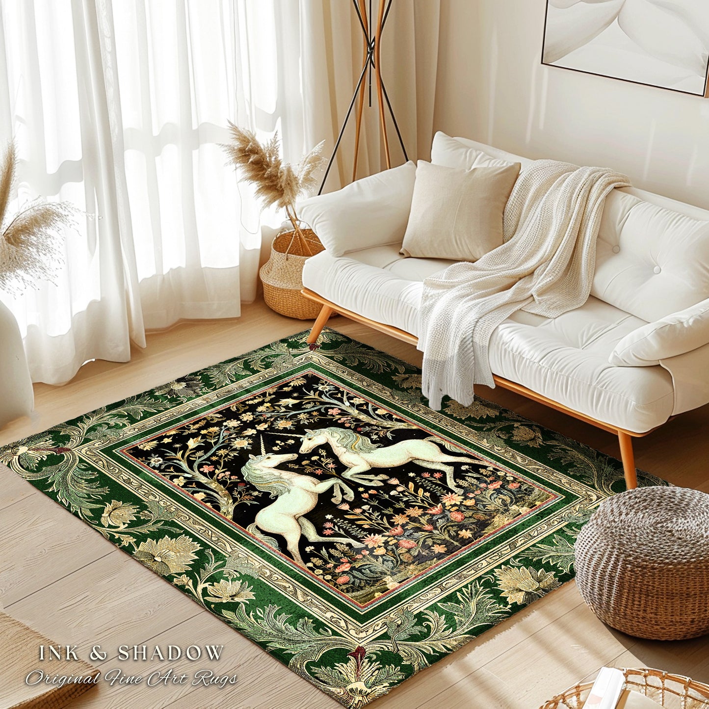 Royal Unicorns Ethereal Unicorn Rug | Fantasy Storybook Enchanted Bedroom Rug Whimsical Home Accent Sage Green Baroque Area Rug Cottagecore