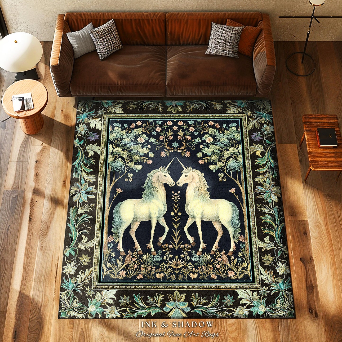 Woodland Floral Unicorn Area Rug | Fairycore Folklore Home Accent Rug Fantasy Storybook Bedroom Whimsical Sage Green Whimsical Cottagecore