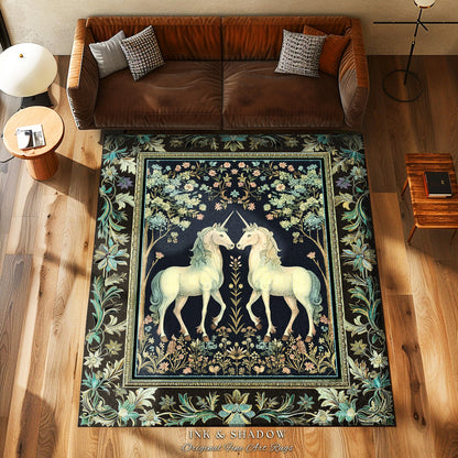 Woodland Floral Unicorn Area Rug | Fairycore Folklore Home Accent Rug Fantasy Storybook Bedroom Whimsical Sage Green Whimsical Cottagecore