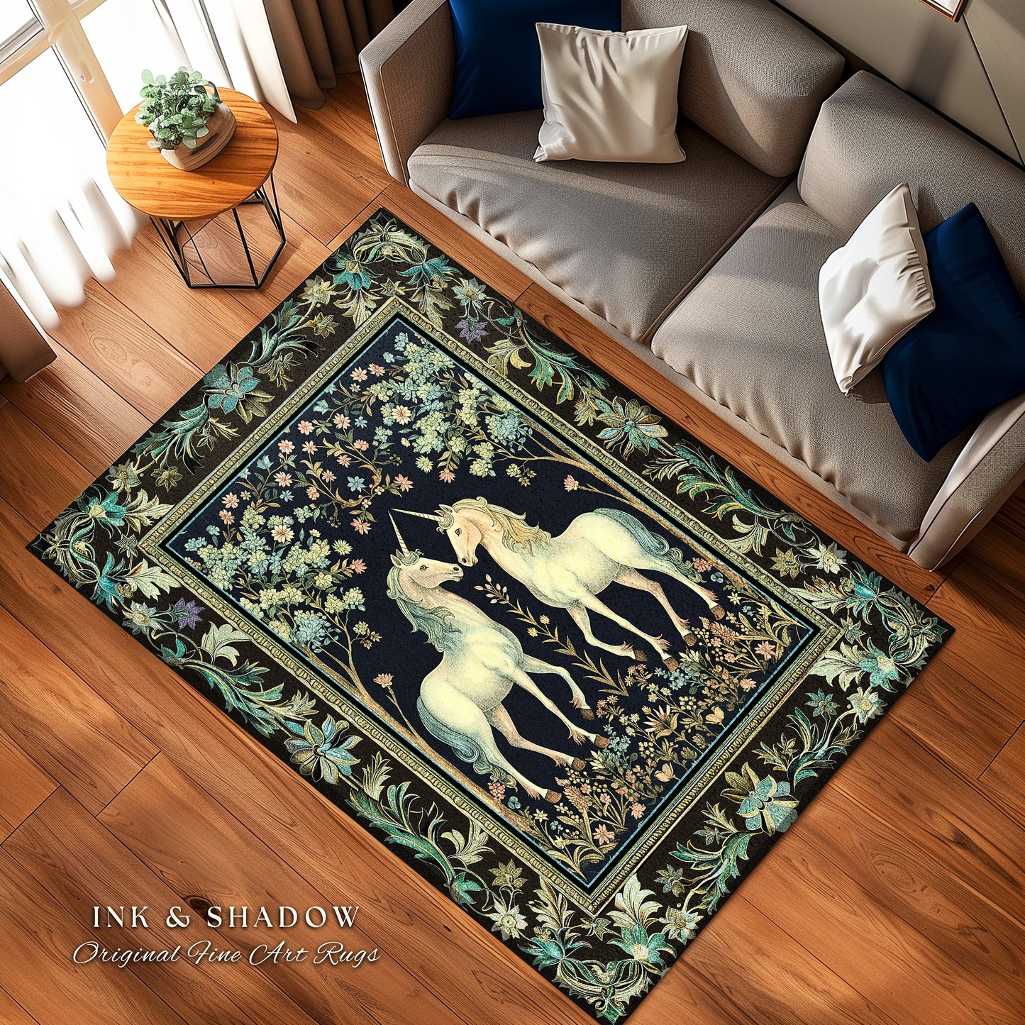 Woodland Floral Unicorn Area Rug | Fairycore Folklore Home Accent Rug Fantasy Storybook Bedroom Whimsical Sage Green Whimsical Cottagecore