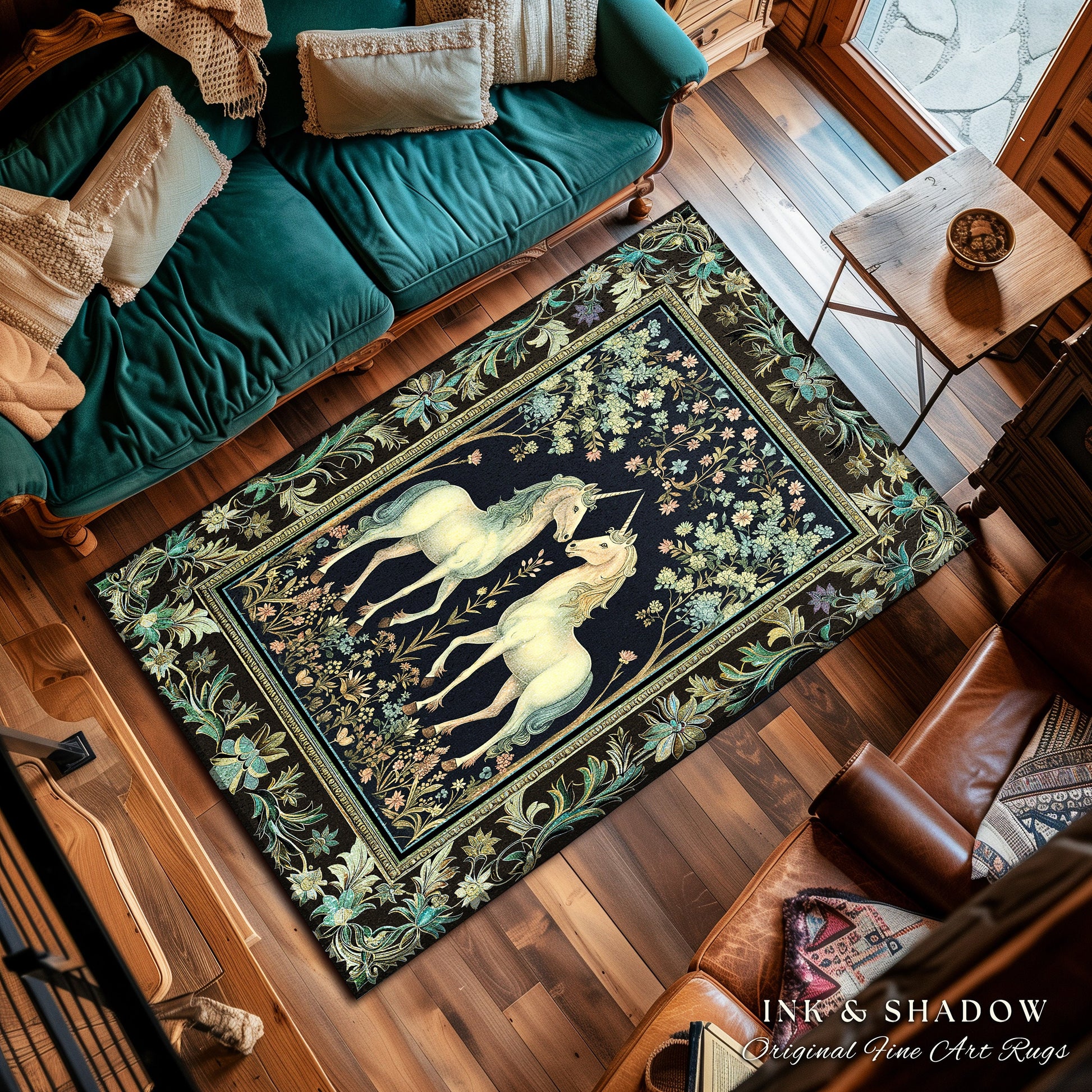 Woodland Floral Unicorn Area Rug | Fairycore Folklore Home Accent Rug Fantasy Storybook Bedroom Whimsical Sage Green Whimsical Cottagecore