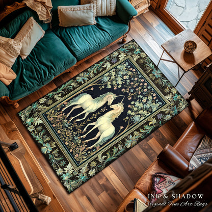 Woodland Floral Unicorn Area Rug | Fairycore Folklore Home Accent Rug Fantasy Storybook Bedroom Whimsical Sage Green Whimsical Cottagecore