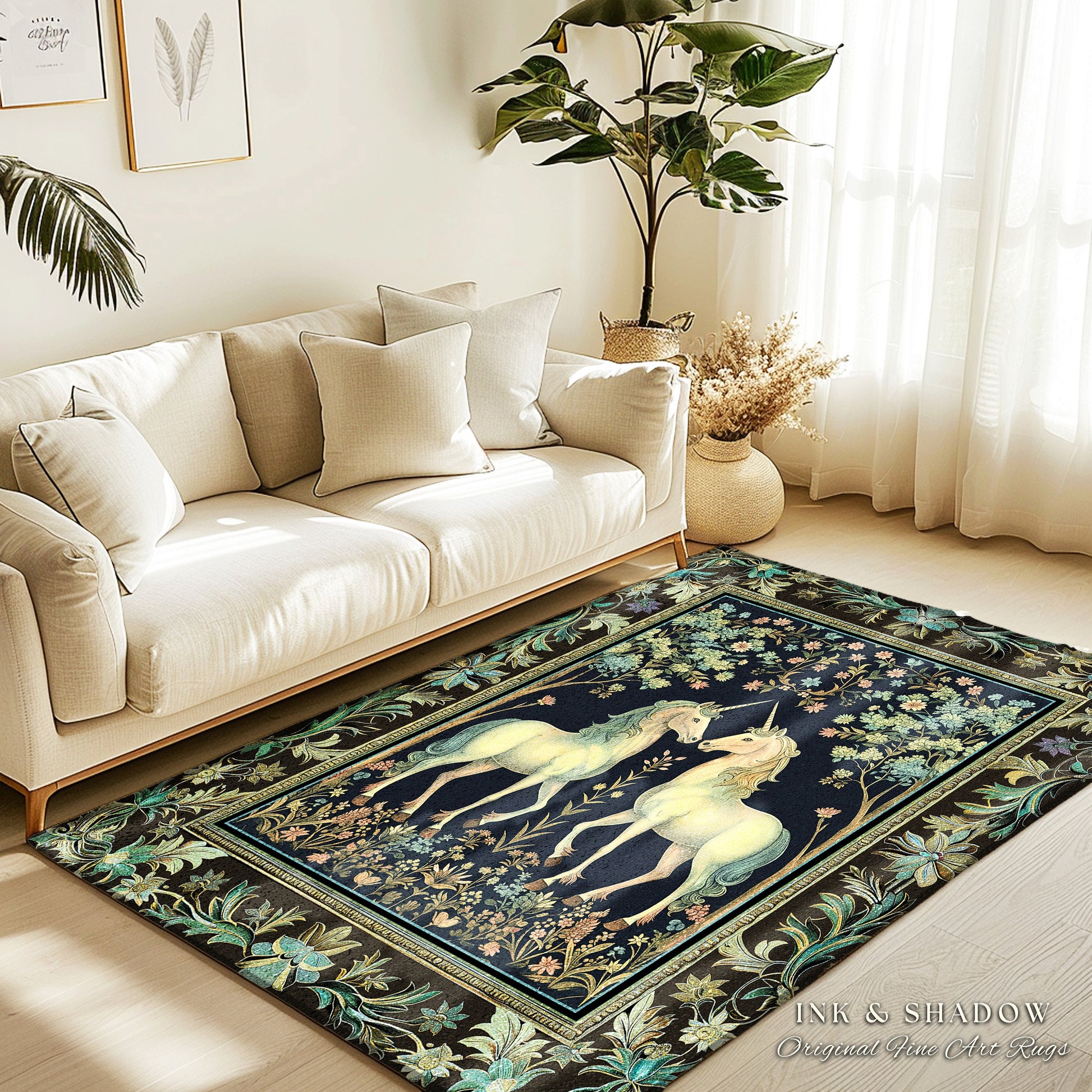 Woodland Floral Unicorn Area Rug | Fairycore Folklore Home Accent Rug Fantasy Storybook Bedroom Whimsical Sage Green Whimsical Cottagecore