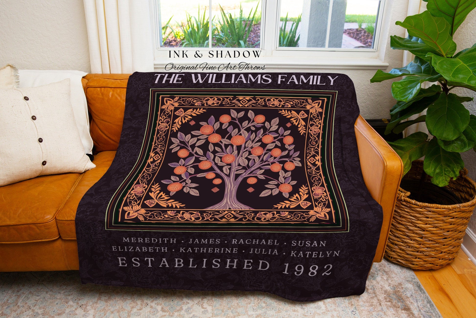 Rustic Family Heirloom Woven Blanket | Dark Academia Tapestry Sentimental Keepsake Meaningful Personalized Appreciation Gift Big Family Tree