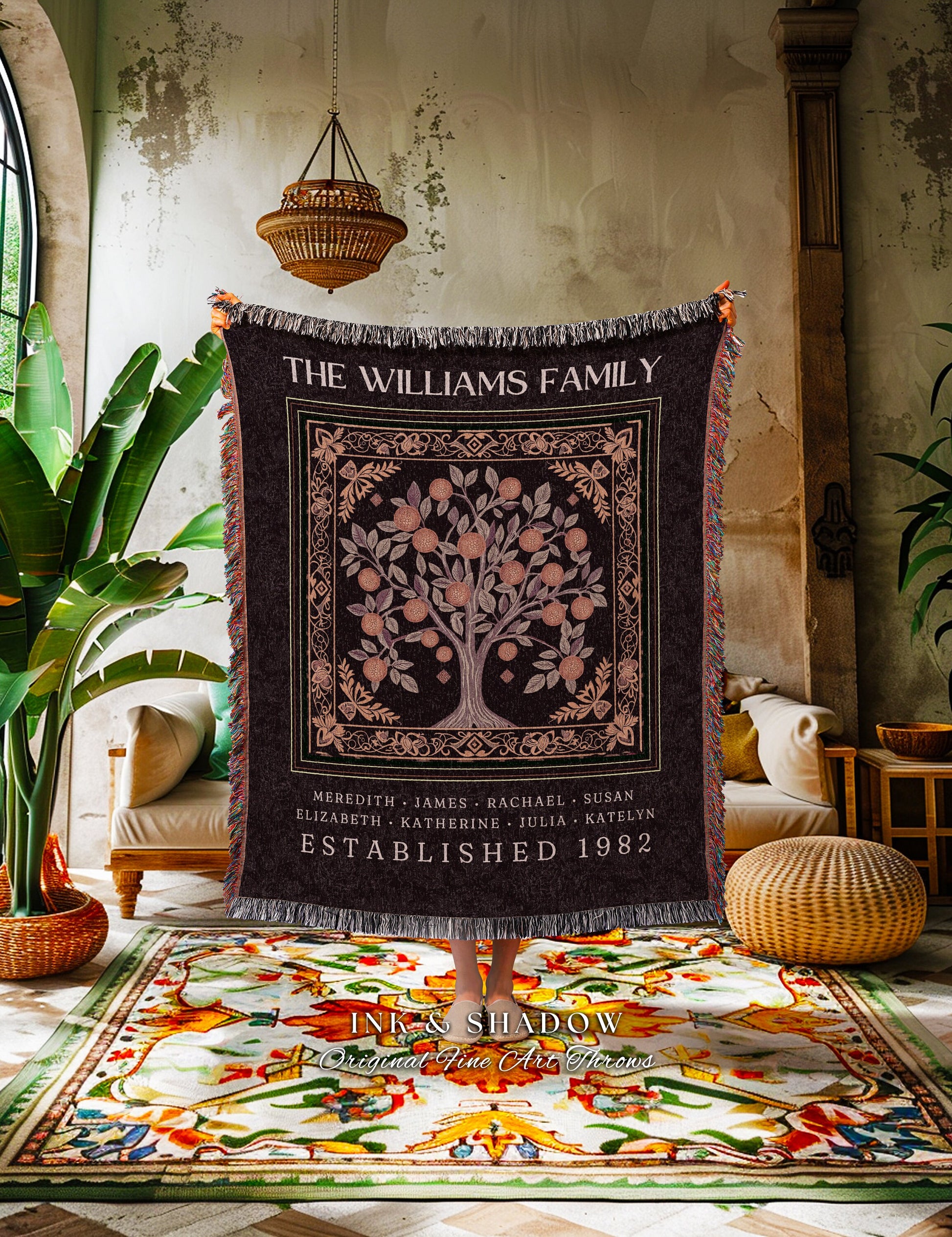 Rustic Family Heirloom Woven Blanket | Dark Academia Tapestry Sentimental Keepsake Meaningful Personalized Appreciation Gift Big Family Tree