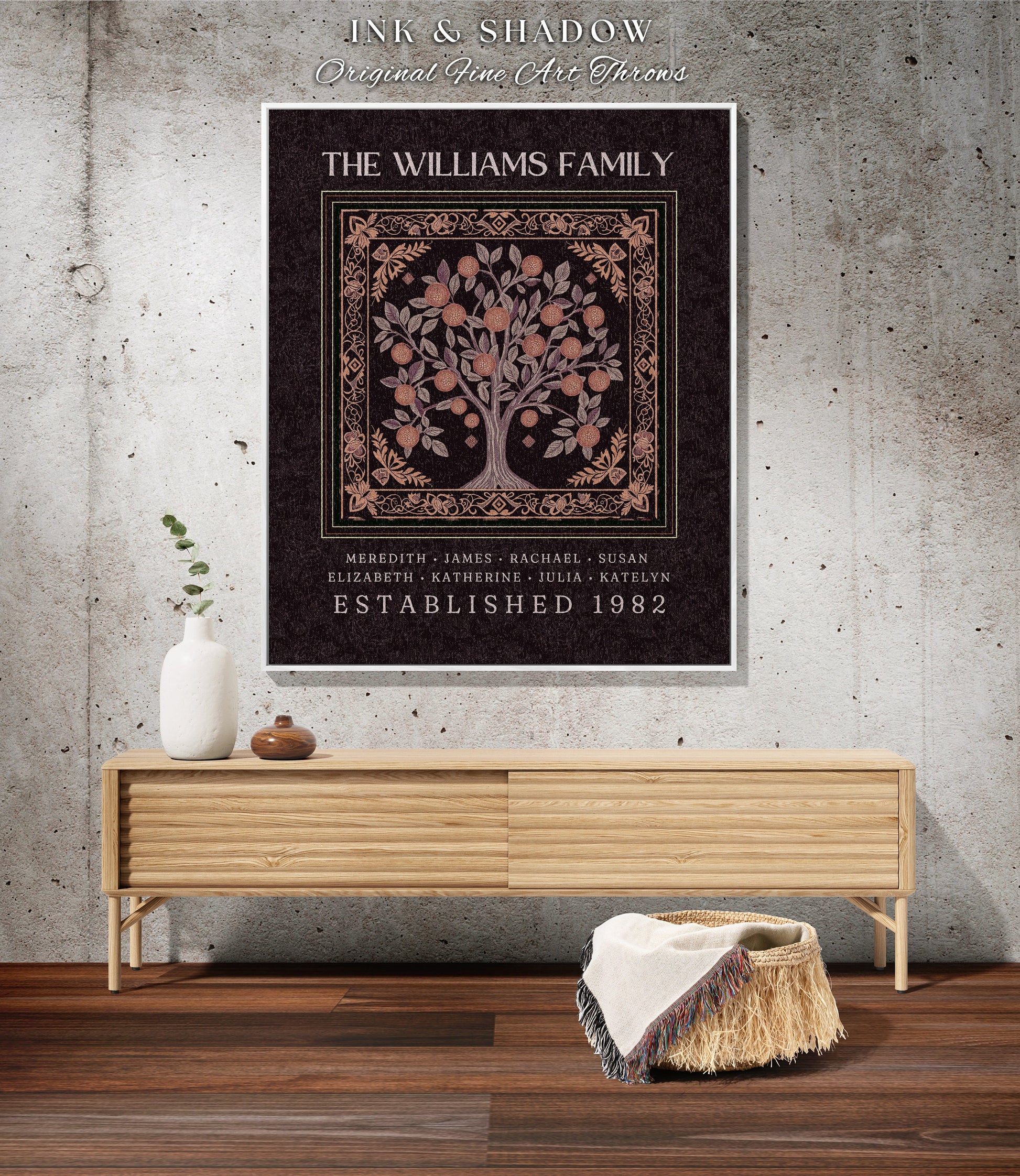 Rustic Family Heirloom Woven Blanket | Dark Academia Tapestry Sentimental Keepsake Meaningful Personalized Appreciation Gift Big Family Tree