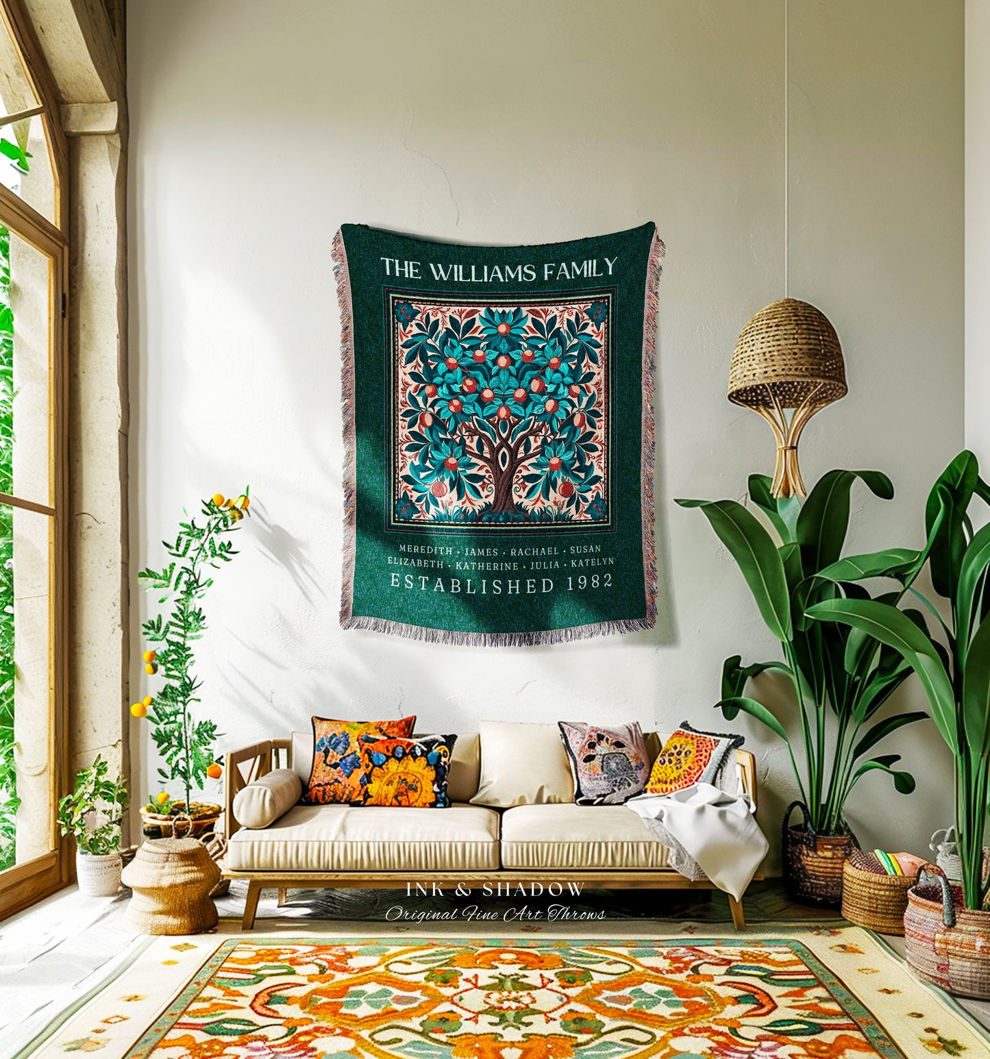 Boho Family Tree of Life Blanket Custom Meaningful Ancestry Gift | Personalized Heritage Decor Cozy Bohemian Family Name Tapestry Nana Gift