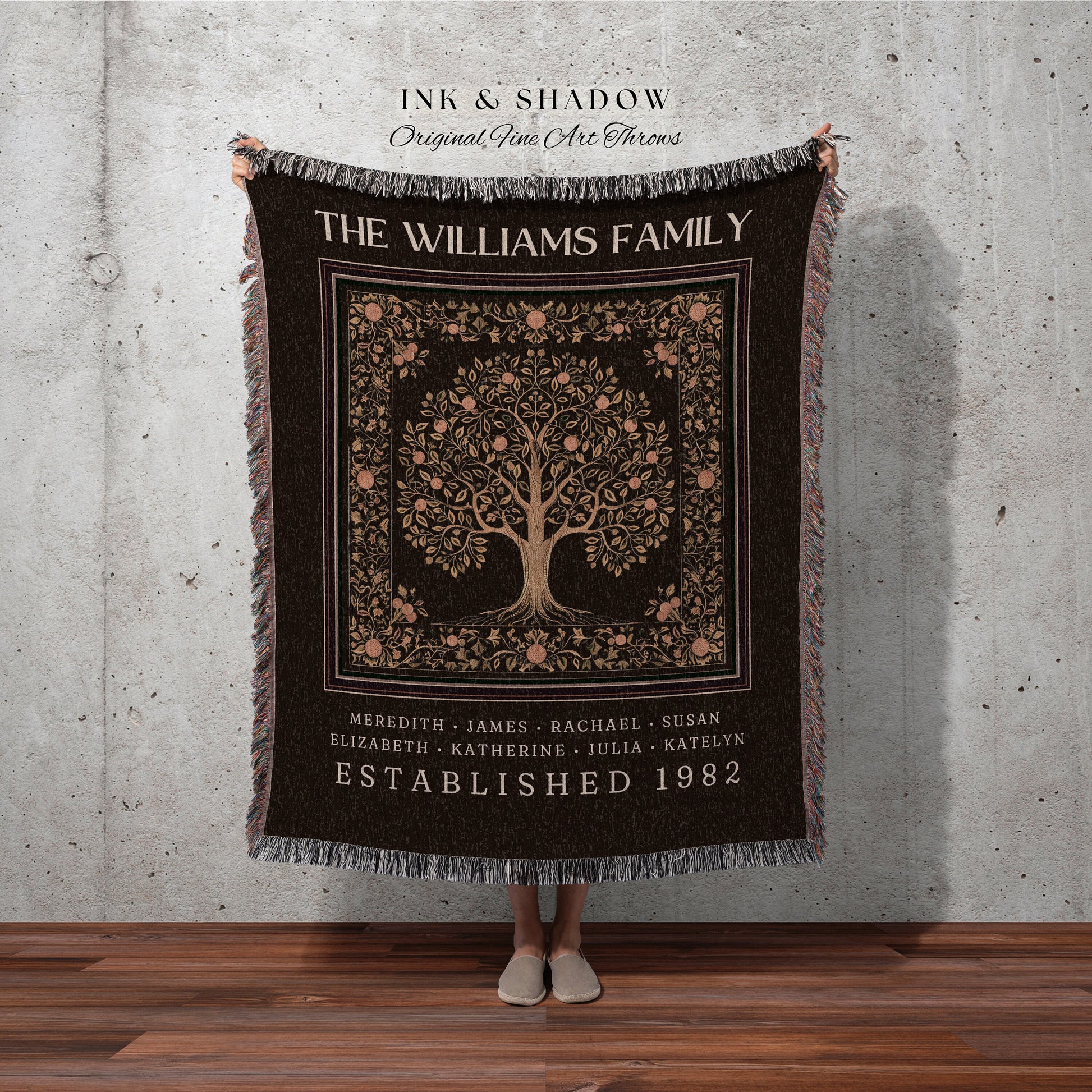 Victorian Gothic Family Tree of Life Blanket Unique Thoughtful Personalized Tapestry Throw With Names Heirloom Gifts Keepsake Family Tree