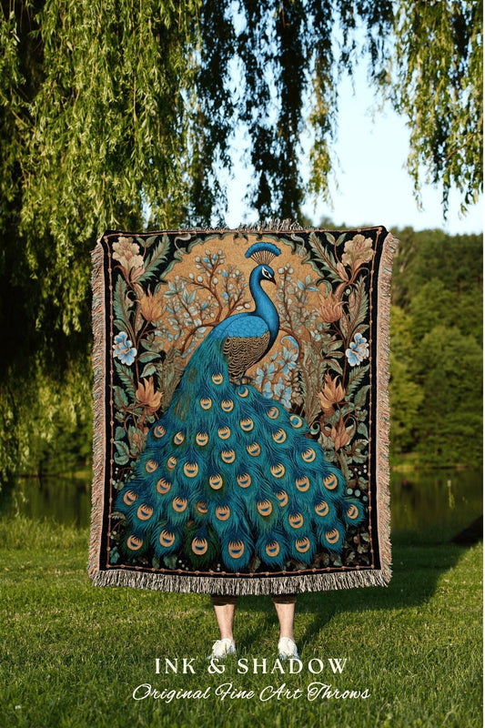 Ornate Floral Peacock Throw | Maximalist Floral Fairy Core Room Decor Woven Blanket William Morris Style Peacock Pastel Cottagecore Tapestry