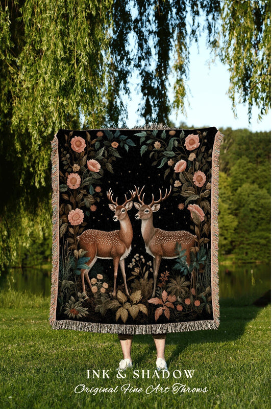 Woodland Creatures Throw Blanket | Folklore Aesthetic Tapestry Woven William Morris Decor Dark Cottagecore Gothic Fairycore Deer Witchy |