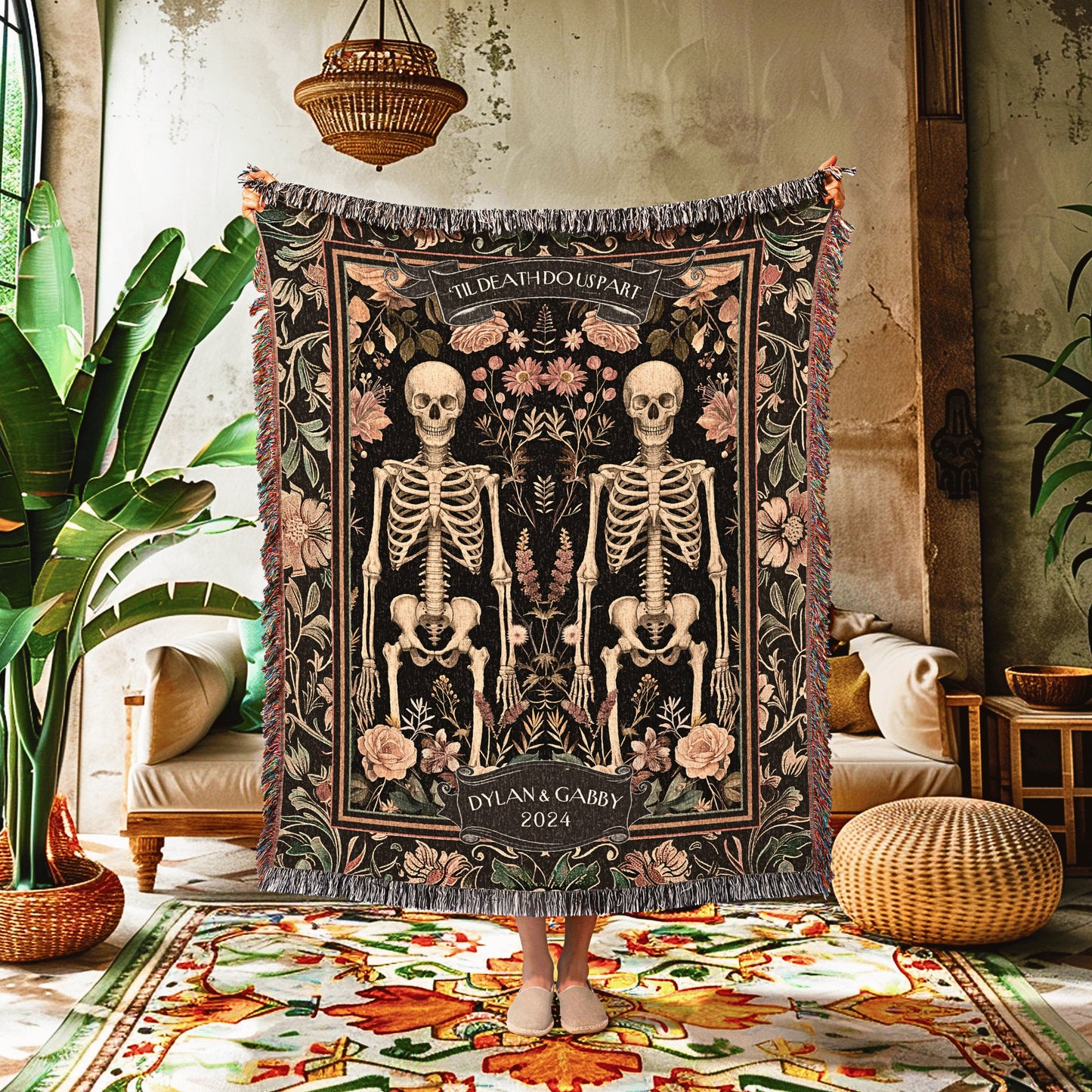 Floral Skeleton Couple 'Til Death Do Us Part' Tapestry | Gothic Wedding Custom Woven Blanket Wedding Anniversary Gift Personalized Skeletons