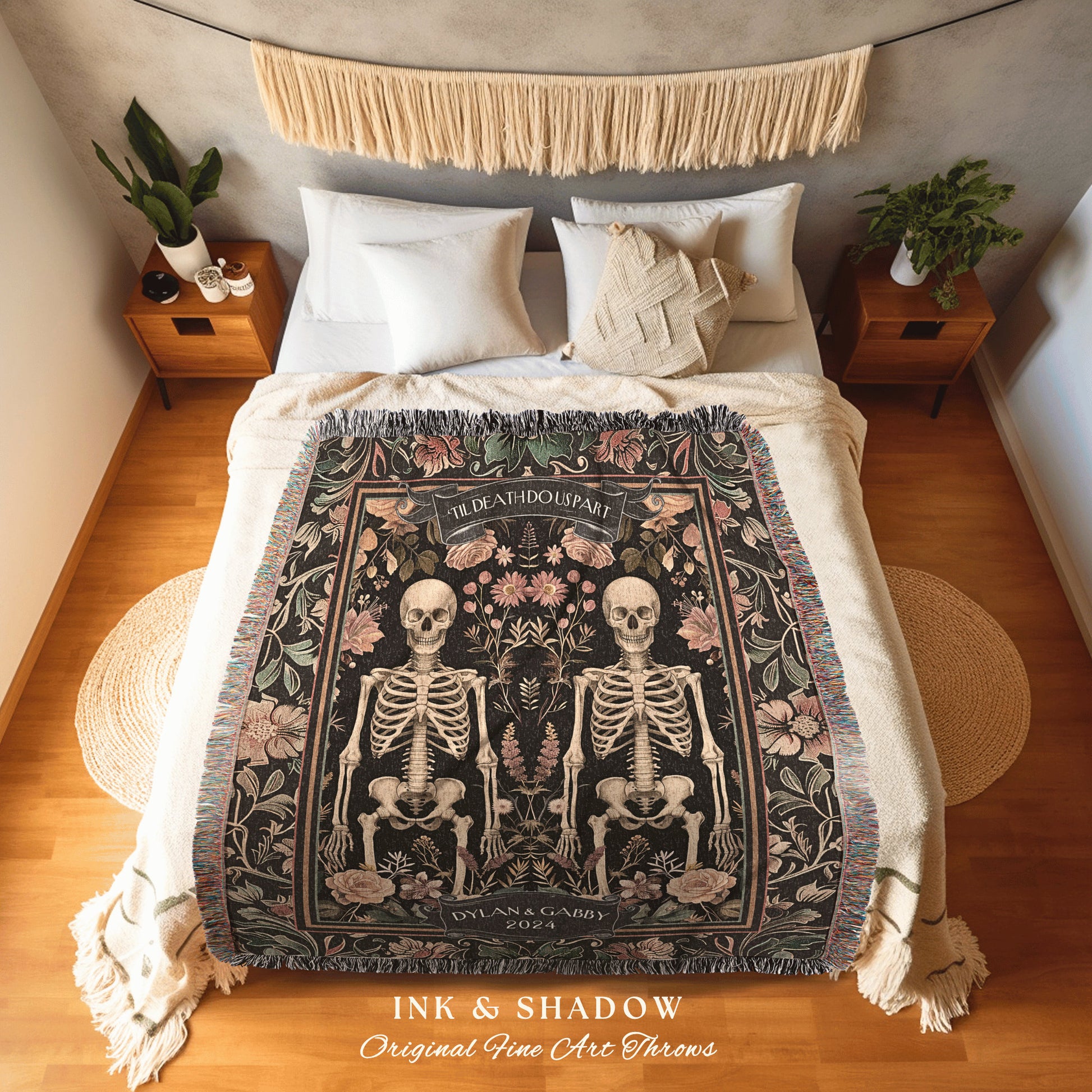 Floral Skeleton Couple 'Til Death Do Us Part' Tapestry | Gothic Wedding Custom Woven Blanket Wedding Anniversary Gift Personalized Skeletons