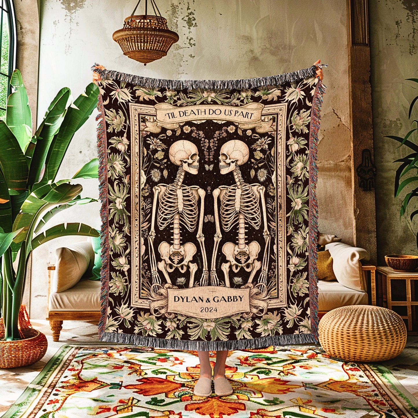 Wedding Tapestry Custom Skeleton Couple | Woven Throw Blanket Marriage Anniversary Gift Personalized Thoughtful Girlfriend Gift Gothic |