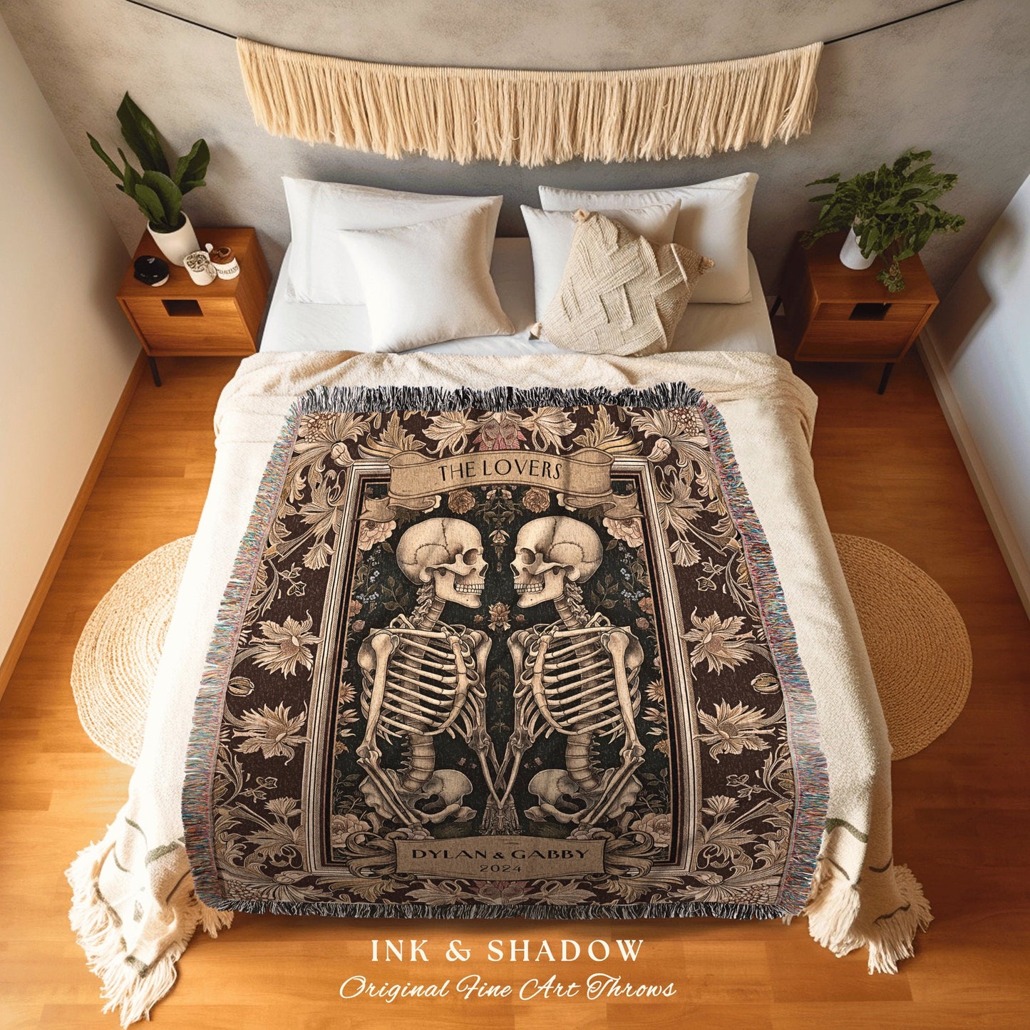 Skeleton Lovers Custom Names Blanket | Personalized Woven Tapestry Dark Floral Victorian Gothic Anniversary Gift Woven Throw Sentimental |