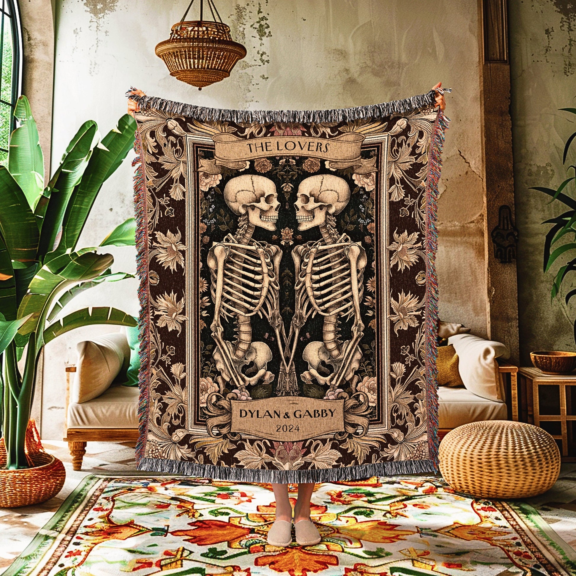 Skeleton Lovers Custom Names Blanket | Personalized Woven Tapestry Dark Floral Victorian Gothic Anniversary Gift Woven Throw Sentimental |