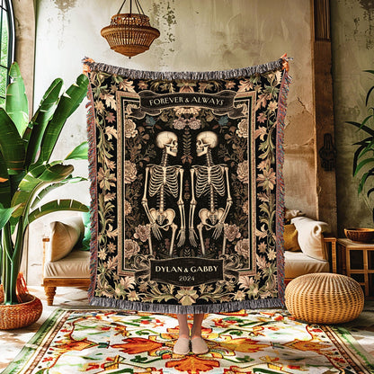 Forever & Always Skeleton Throw Blanket | Botanical Skeleton Couple Woven Tapestry Wedding Anniversary Gift Personalized Blanket Custom Name