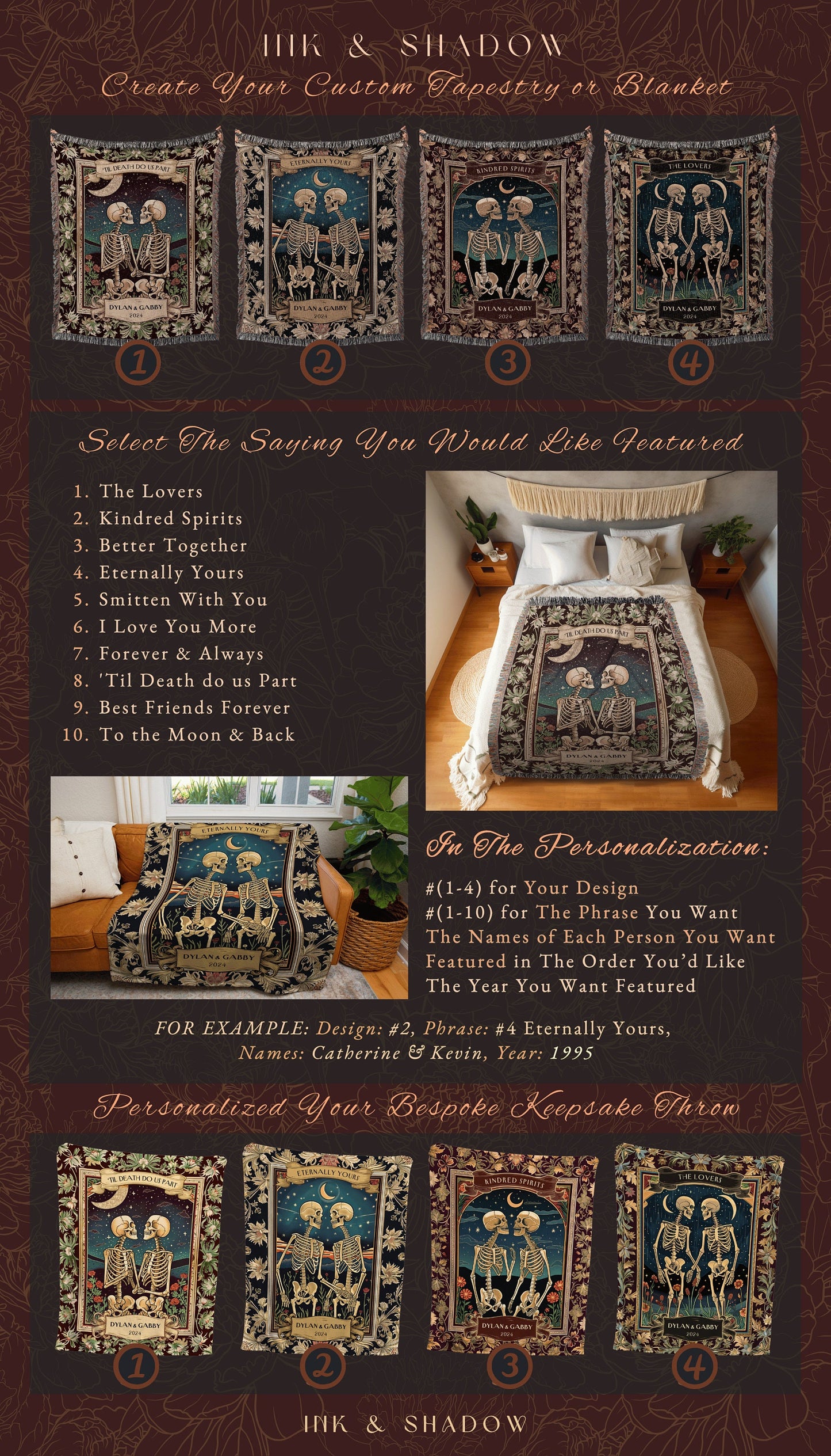 Lovers in the Moonlight Tarot Aesthetic Blanket | Skeleton Couple Tapestry Wedding Anniversary Gift Personalized Thoughtful Custom Names |