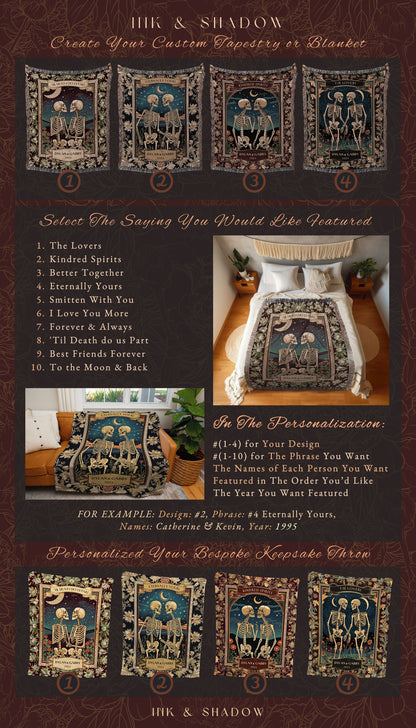 Lovers in the Moonlight Tarot Aesthetic Blanket | Skeleton Couple Tapestry Wedding Anniversary Gift Personalized Thoughtful Custom Names |