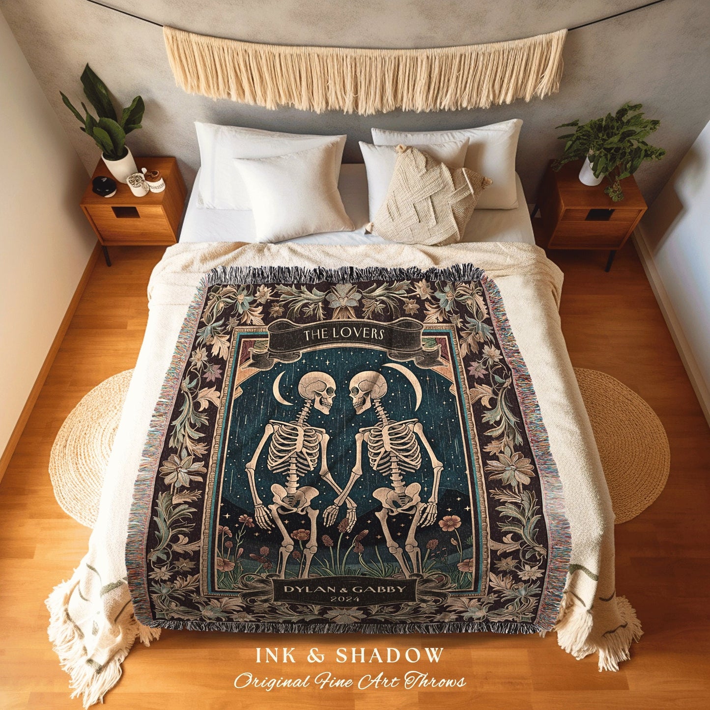 Skeleton Lovers Tarot Aesthetic Throw | Celestial Skeleton Couple Woven Tapestry Wedding Anniversary Gift Personalized Blanket Custom Names