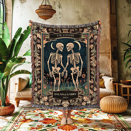 Skeleton Lovers Tarot Aesthetic Throw | Celestial Skeleton Couple Woven Tapestry Wedding Anniversary Gift Personalized Blanket Custom Names