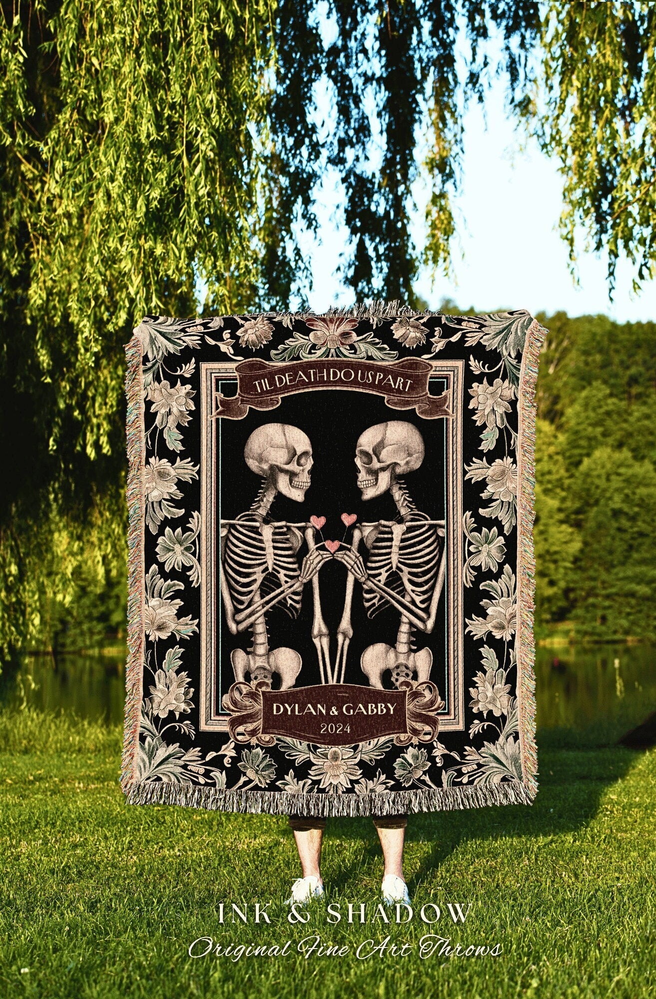 Til Death do us Part Personalized Skeletons Blanket | Victorian Gothic Wedding Skeleton Couples Tapestry Mr and Mrs Anniversary Custom Gift