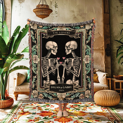 Dark Academia Skeleton Couple Blanket | Custom Woven Tapestry Gothic Wedding Anniversary Gift Personalized Meaningful His & Hers Blanket |