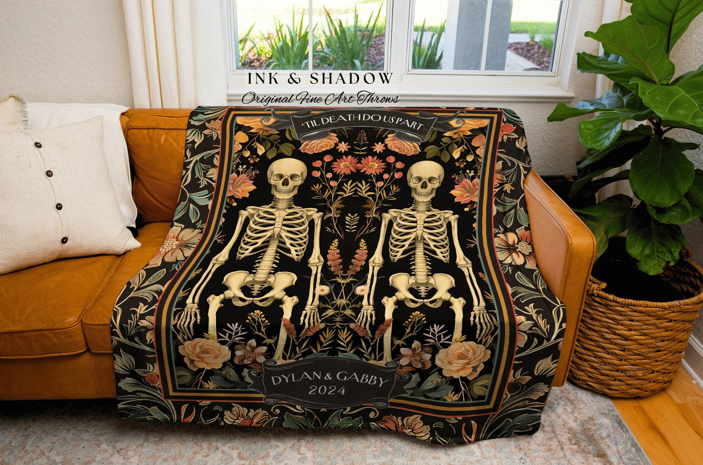 Floral Skeleton Couple 'Til Death Do Us Part' Tapestry | Gothic Wedding Custom Woven Blanket Wedding Anniversary Gift Personalized Skeletons