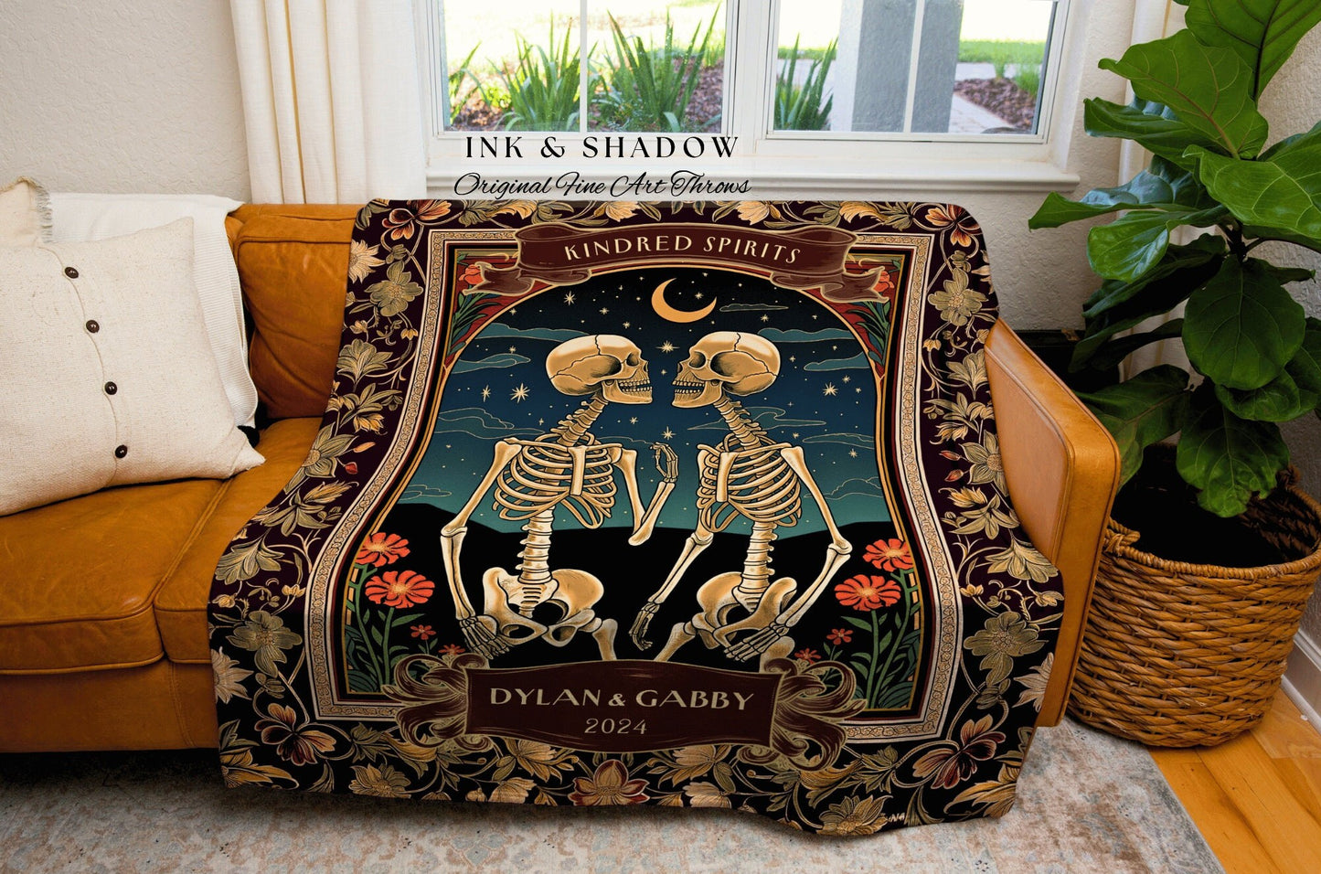 Tarot Aesthetic Lovers Blanket Skeleton Couple | Custom Woven Tapestry Wedding Anniversary Gift Personalized Thoughtful Custom Names Cozy |