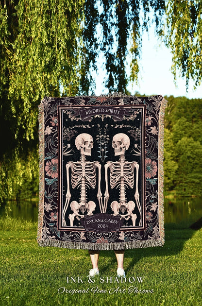 Moody Floral Skeleton Couple Blanket | Personalized Woven Tapestry Gothic Wedding Anniversary Gift Woven Throw Thoughtful for Girlfriend |