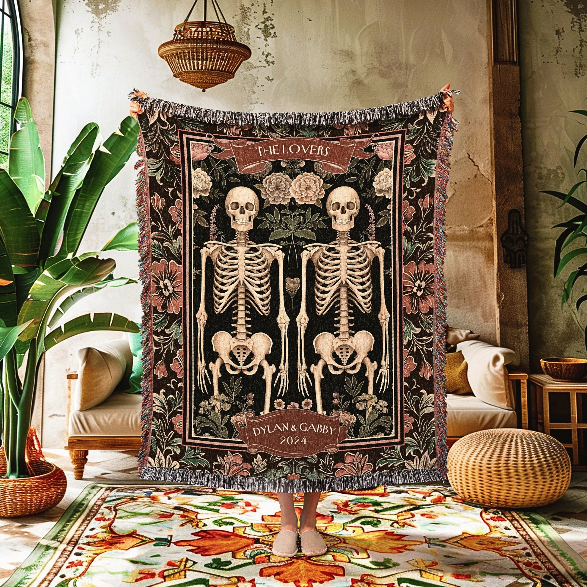 Ethereal Skeleton Couple Blanket Botanical | Personalized Woven Tapestry Dark Floral Gothic Wedding Anniversary Gift Woven Throw Thoughtful