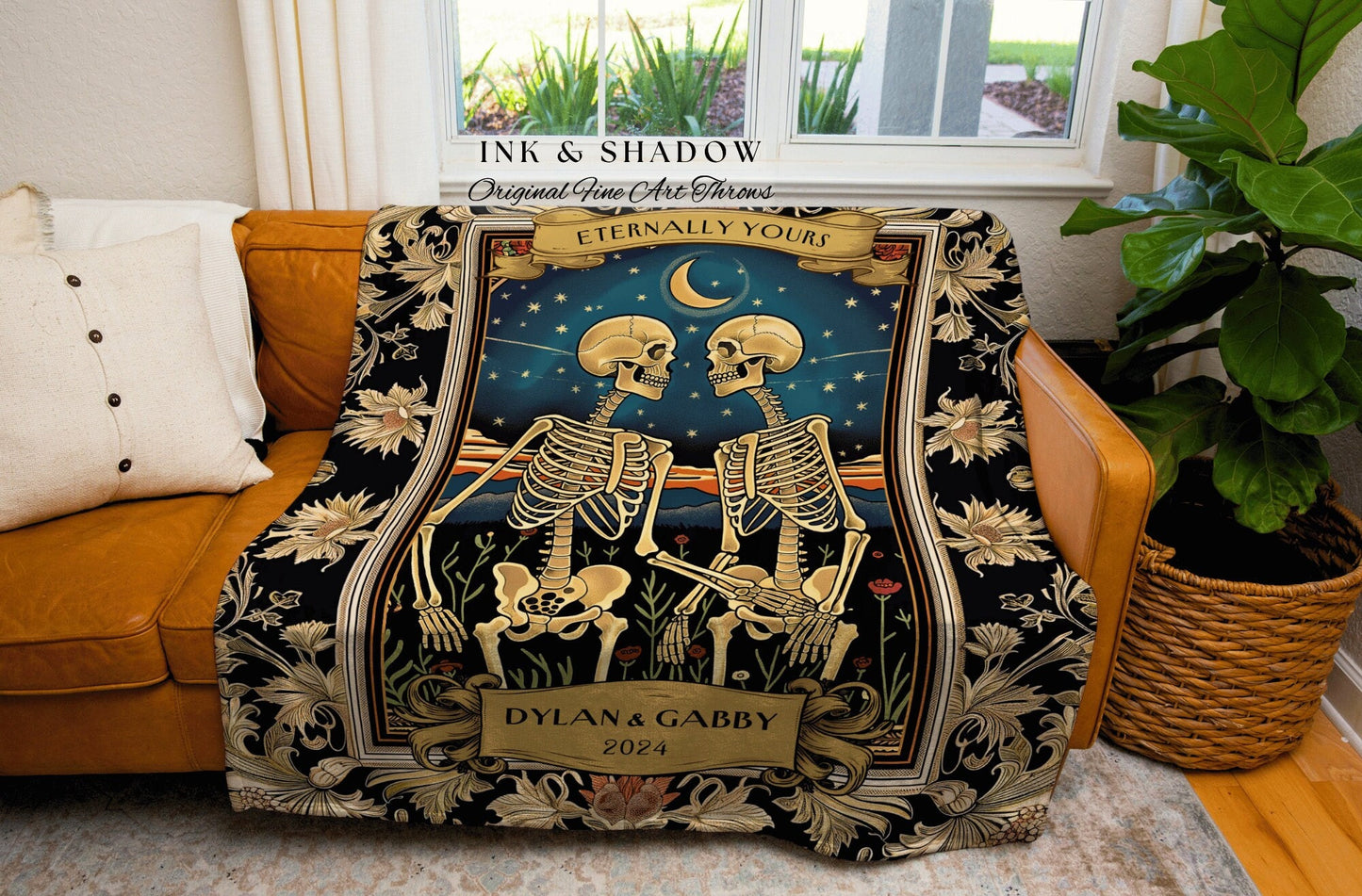 Lovers in the Moonlight Tarot Aesthetic Blanket | Skeleton Couple Tapestry Wedding Anniversary Gift Personalized Thoughtful Custom Names |