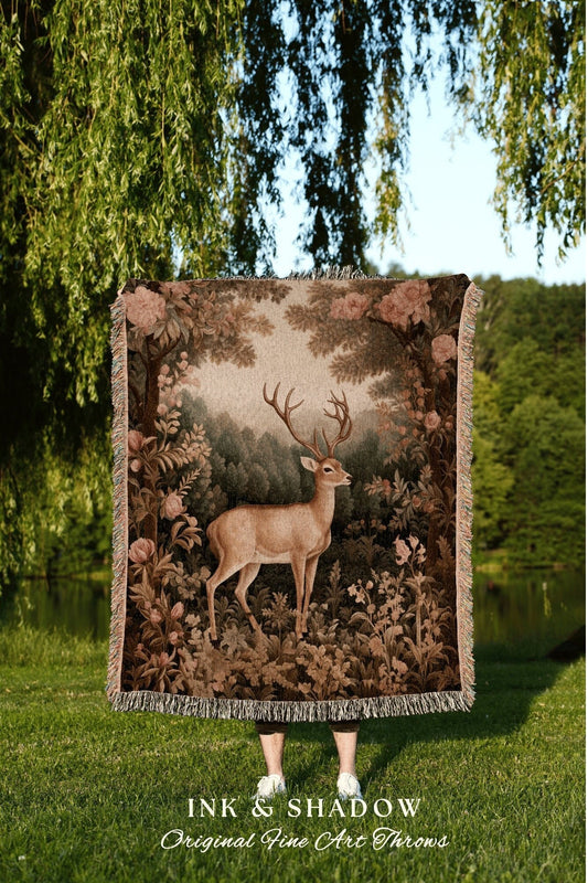 Misty Forest Woodland Blanket | Mystical Aesthetic Folklore Tapestry William Morris Decor Dark Cottagecore Deer Gift Cozy Throw Whimsical