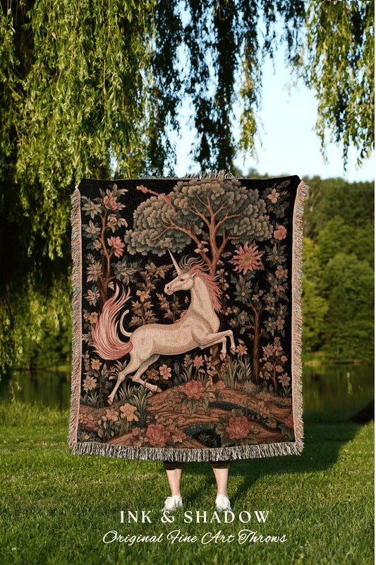 Rustic Unicorn Throw Blanket | Fairycore Tapestry Cottagecore Room Decor Dark Academia Aesthetic Gothic Maximalist Gift for Fantasy Reader