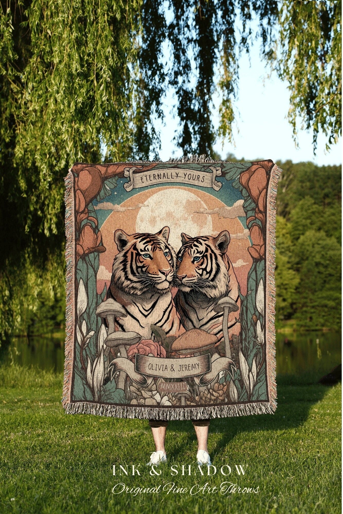 Custom Couple Tiger Lovers Woven Blanket Tarot Tapestry | 2 Year Anniversary Gift Woven Throw Tapestry His & Hers Names Personalized Blanket