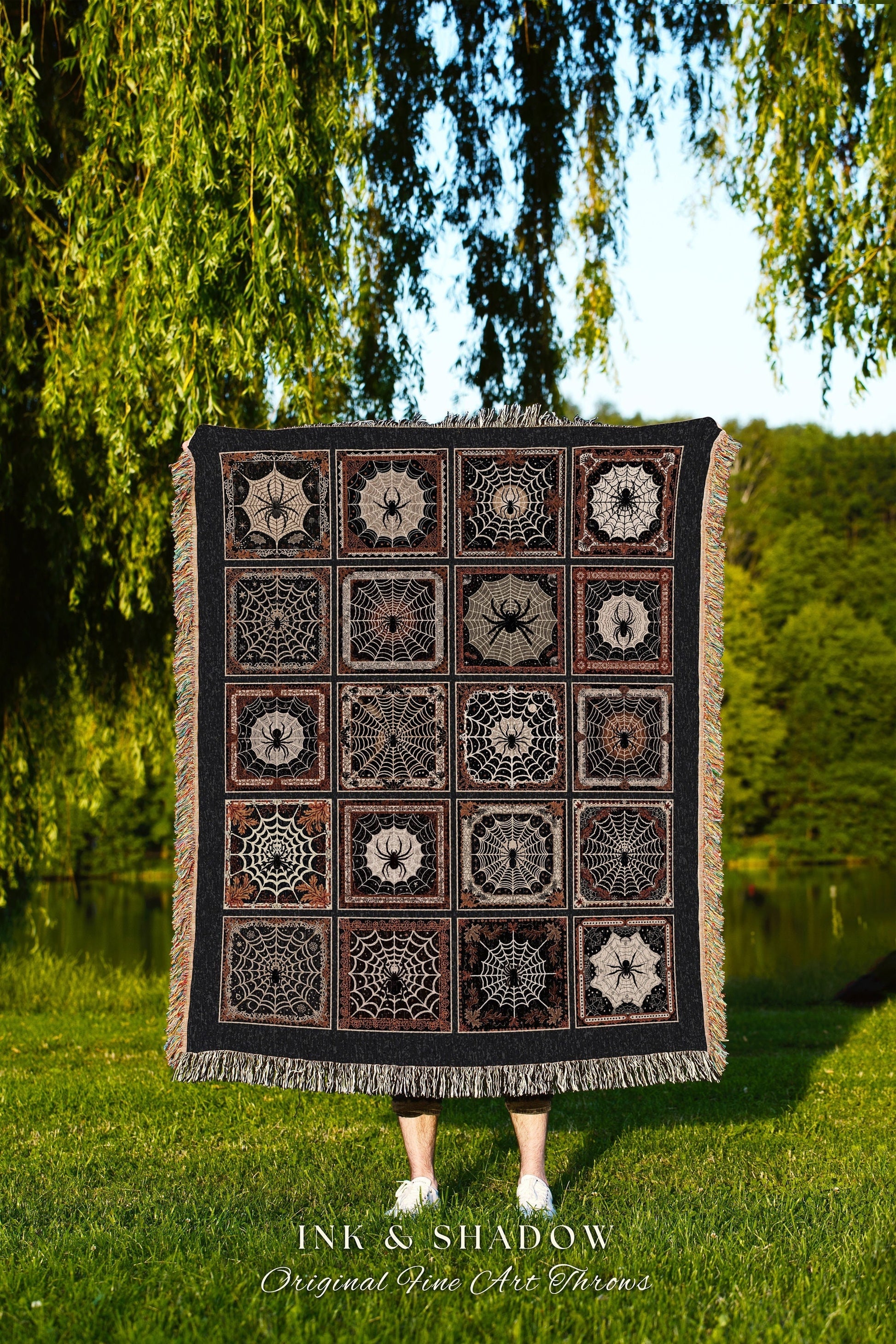 Victorian Gothic Spiderweb Blanket Dark Cottagecore Halloween Decor Spooky Creepy Vintage Spider Print Aesthetic Woven Tapestry Fall Throw