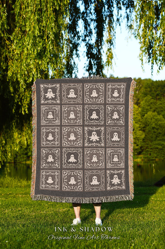 Cute Ghost Blanket Spooky Fall Decor Cozy Gothic Halloween Throw Light Gothic Design Unique Spooky Season Home Accent Woven Ghost Tapestry