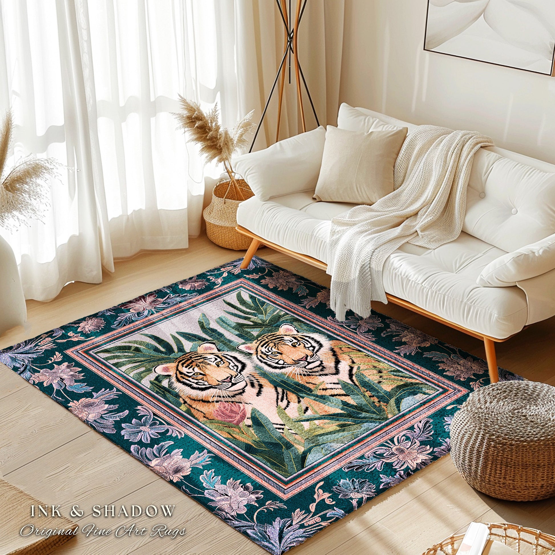 Lush Jungle Tiger Area Rug | Tropical Foliage Bedroom Nature Inspired Room Decor Safari Jungle Leaves Floral Fairycore Boho Bedroom Rug |