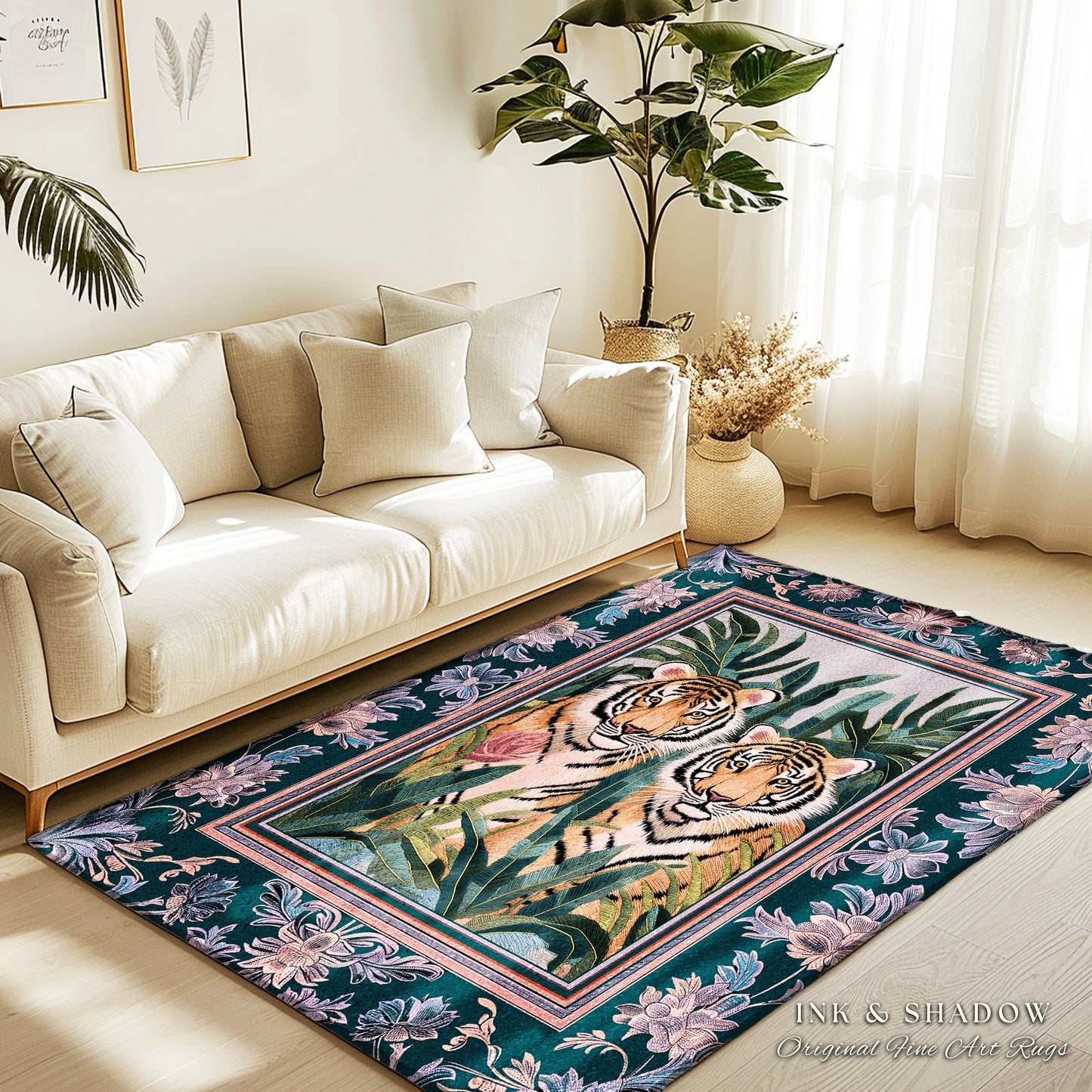 Lush Jungle Tiger Area Rug | Tropical Foliage Bedroom Nature Inspired Room Decor Safari Jungle Leaves Floral Fairycore Boho Bedroom Rug |