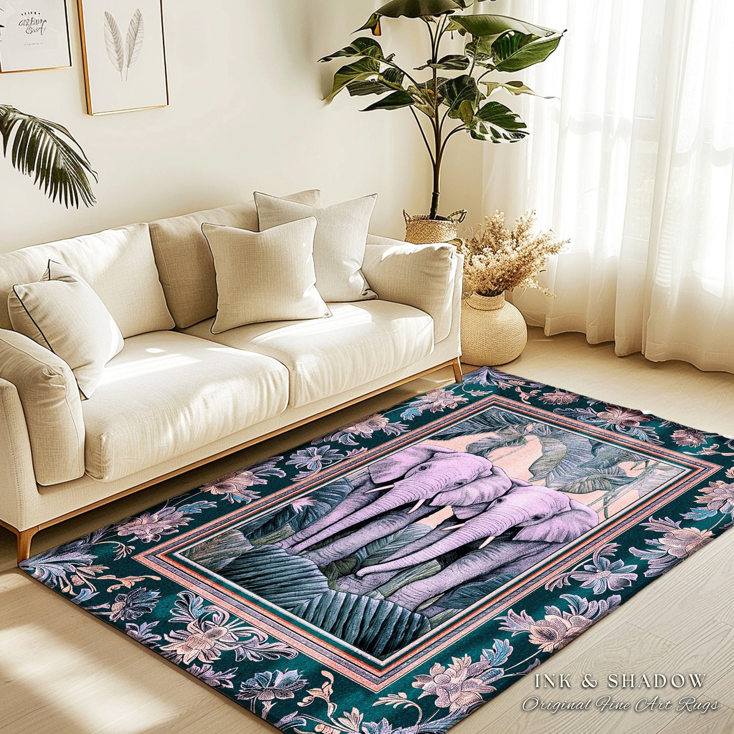 Pastel Botanical Elephant Rug | Jungle Aesthetic Victorian Gothic Cute Pink Elephant Woodland Ethereal Home Decor Eclectic Maximalist Room |