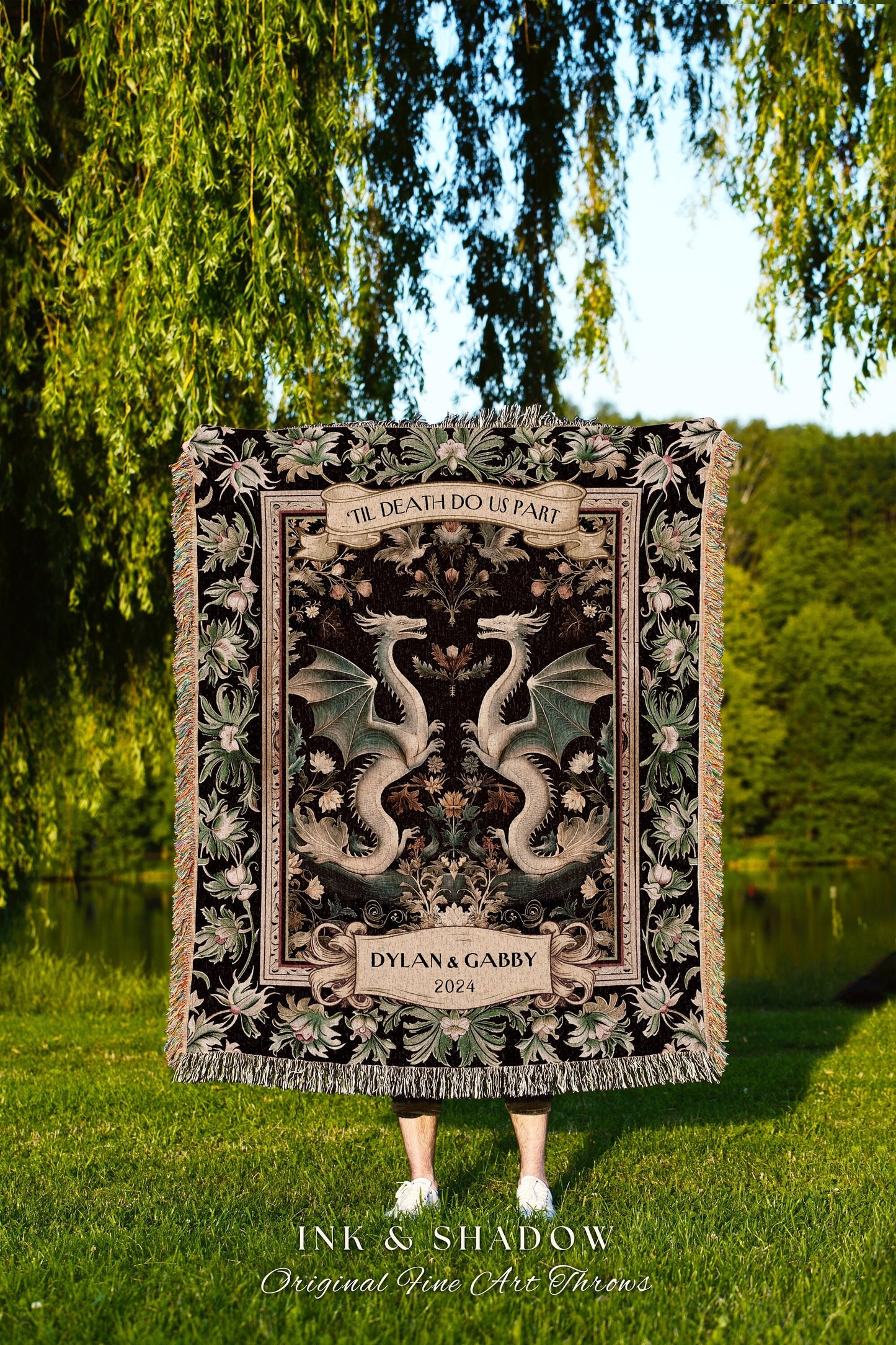 Fairycore Dragon Couple Tapestry Woven Blanket | Woodland Gothic Dragon Lovers Woven Tapestry Wedding Anniversary Custom Gift for Husband |