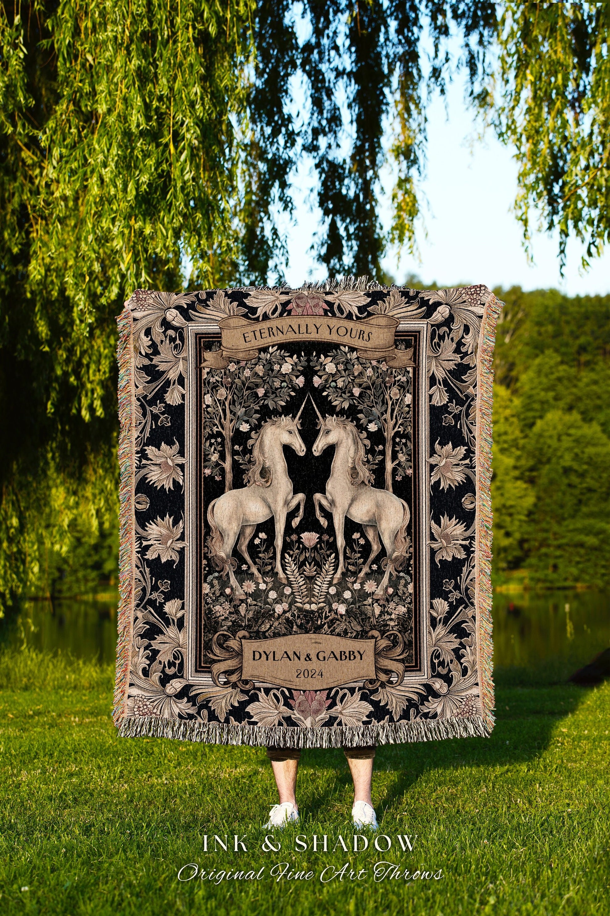 Enchanted Unicorns Personalized Couple Blanket | Fairytale Aesthetic Whimsical Gift for Girlfriend Custom Wedding Anniversary Tapestry Woven