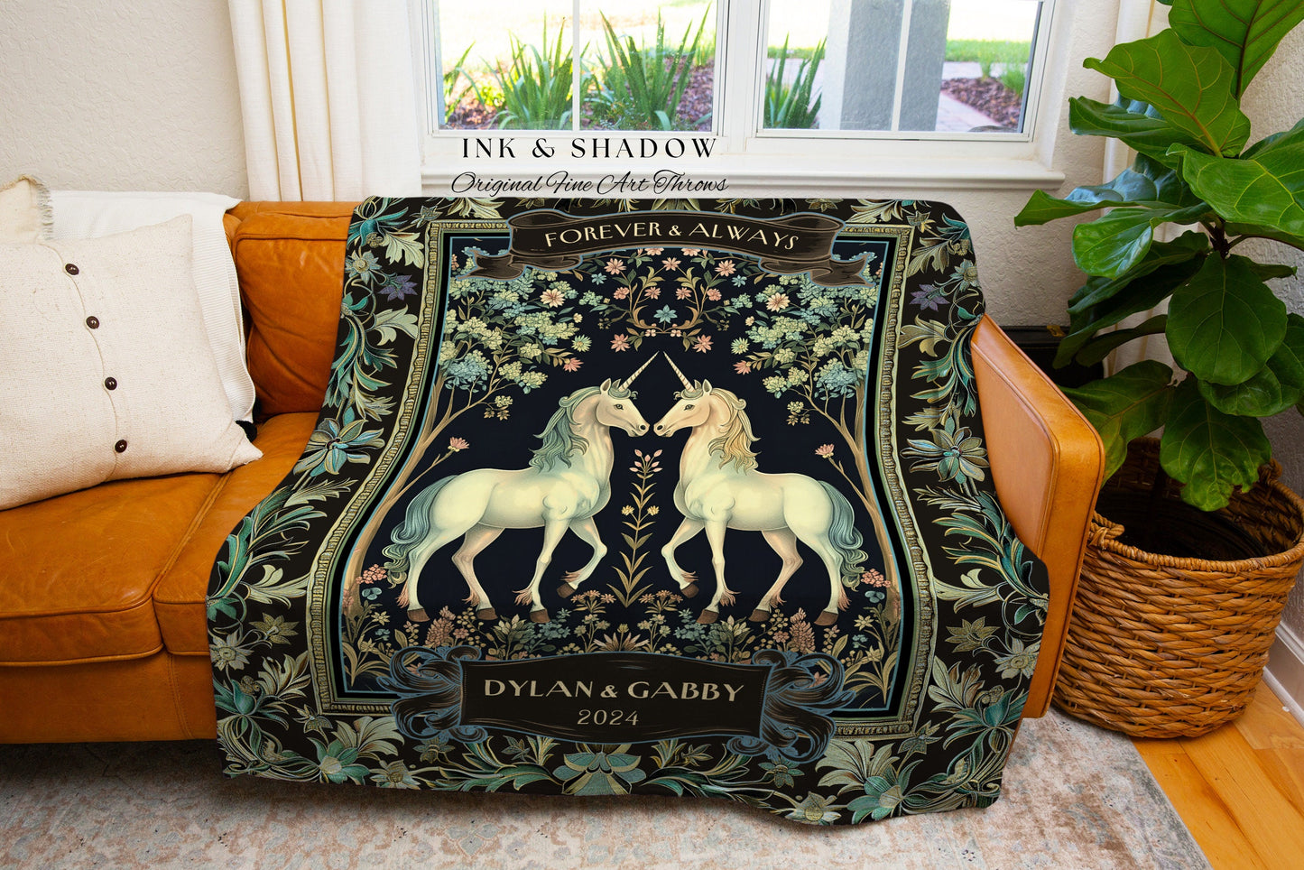 Mystic Forest Unicorn Couple Personalized Blanket | Fairytale Aesthetic Gift for Girlfriend Custom Enchanted Wedding Anniversary Tapestry |