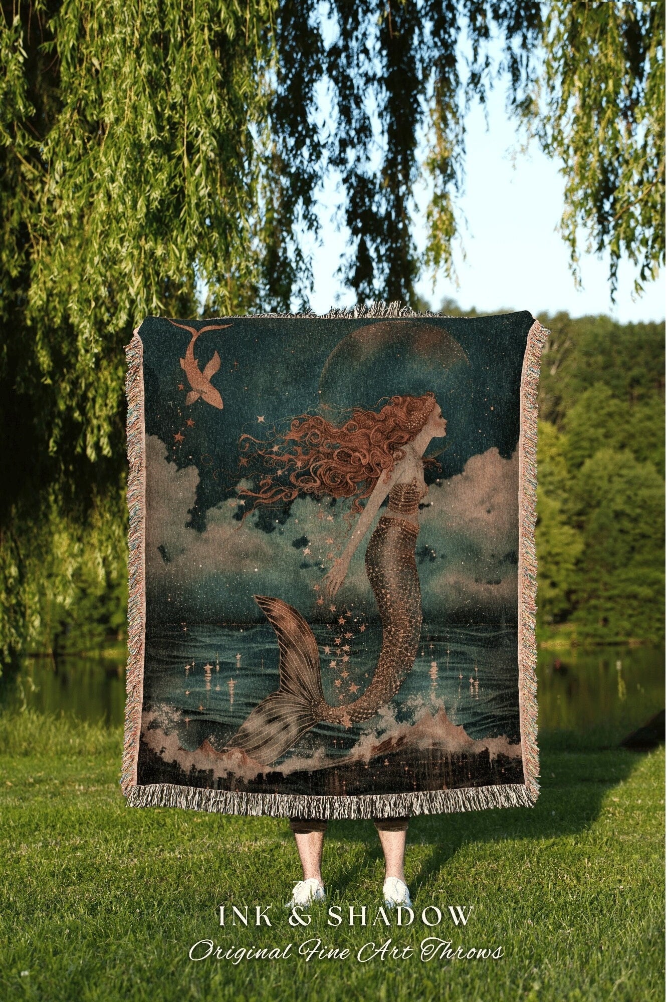 Ethereal Mermaid Cozy Throw | Mermaidcore Aesthetic Celestial Sea Witch Tapestry Fairycore Decor Art Nouveau Fairy Grunge Room Decor Blanket