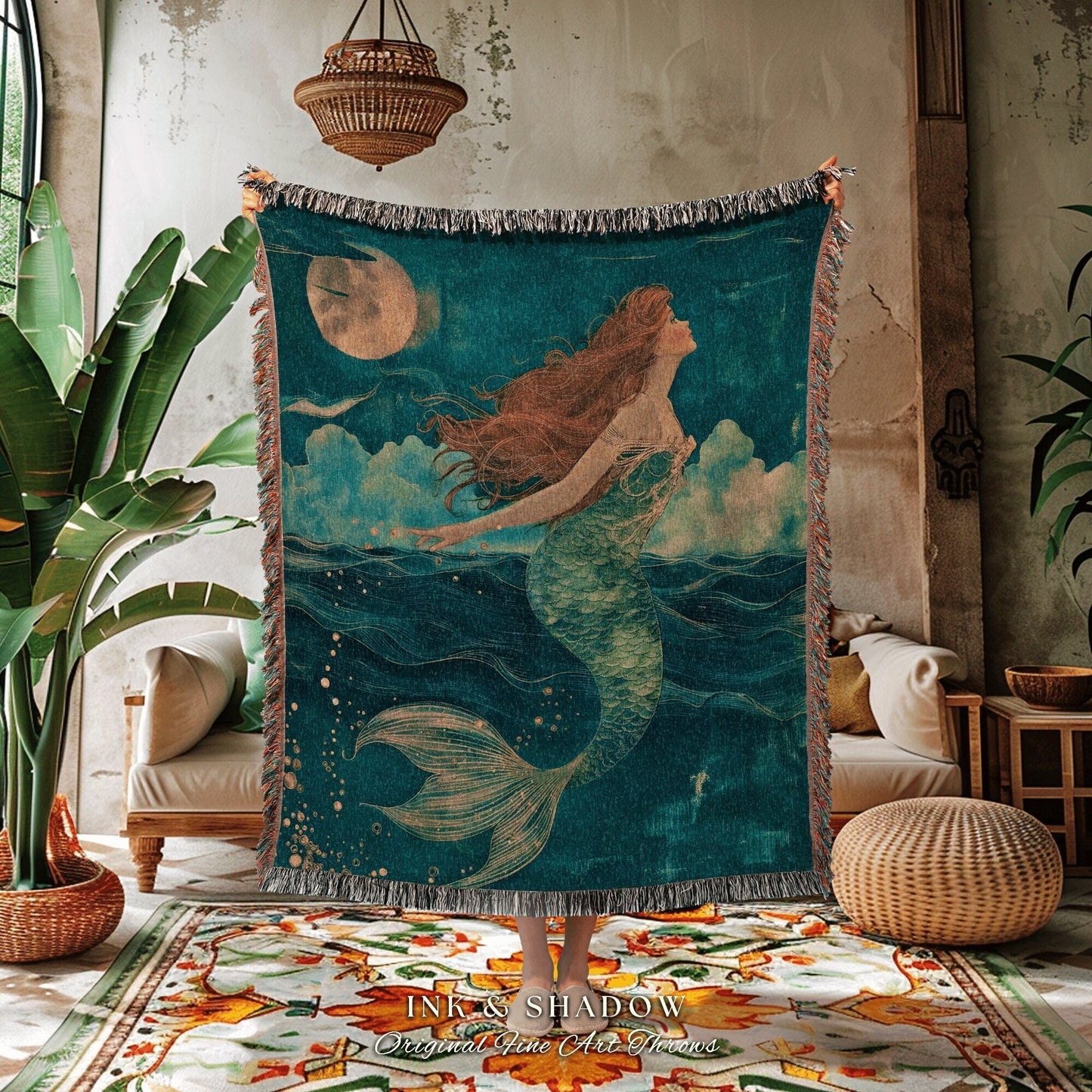 Boho Sea Witch Woven Blanket | Mermaidcore Aesthetic Celestial Sea Witch Tapestry Fairycore Decor Art Nouveau Fairy Grunge Home Decor