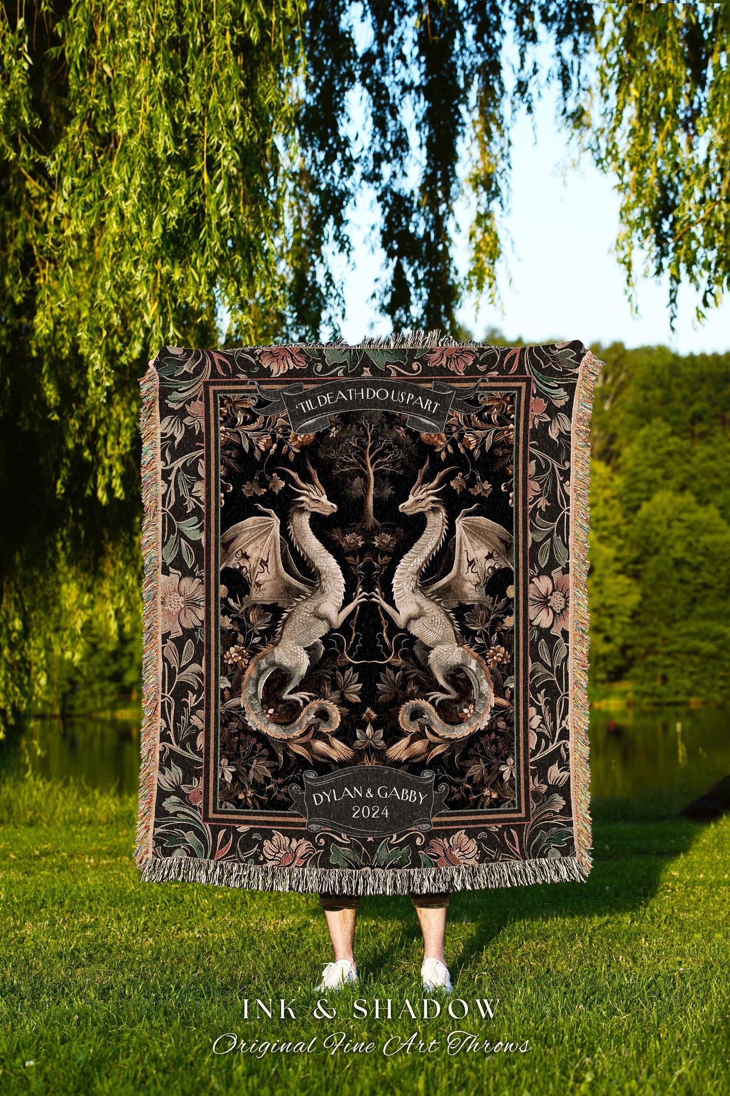 Fantasy Inspired Wedding Couple Blanket | Victorian Gothic Personalized Dragon Lovers Woven Cotton Tapestry Wedding Keepsake Custom Gift |