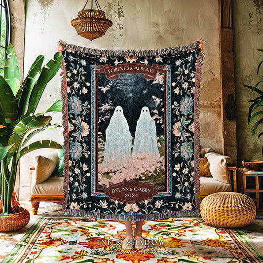 Enchanted Forest Ghost Lovers Blanket | Kindred Spirits Custom Gothic Wedding Tapestry Woven Throw Whimsigoth Personalized Gifts for Goths |